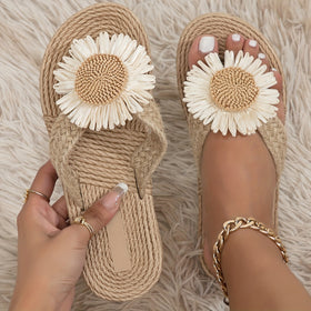 Women's Floral Linen Slide Sandals – Slip-On Summer Flats with EVA Sole